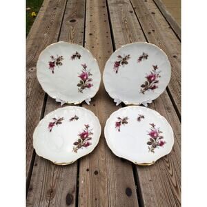 Pink Rose Floral Clamshell Plates 8 1/2” Gold Trim Japan Style Set of 4 Vintage